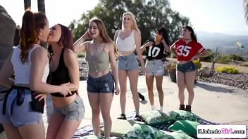5 lesbian babes having outdoor group sex